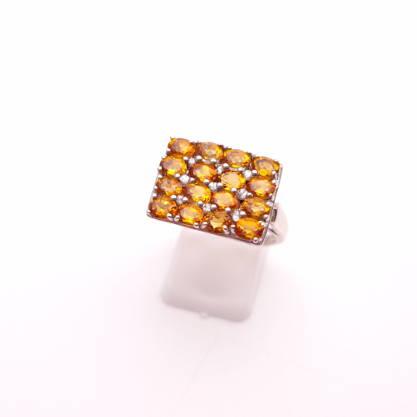 Sterling Silver Large Multi-Gem Rectangular Citrine and White Stone Cluster Ring