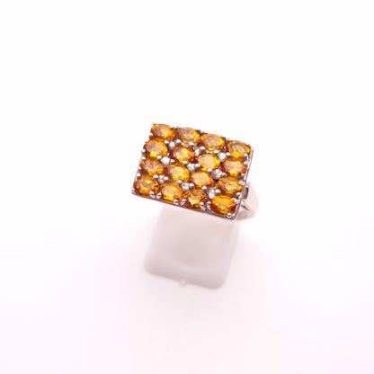Sterling Silver Large Multi-Gem Rectangular Citrine and White Stone Cluster Ring