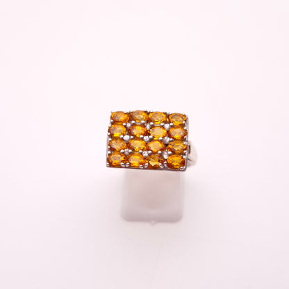 Sterling Silver Large Multi-Gem Rectangular Citrine and White Stone Cluster Ring