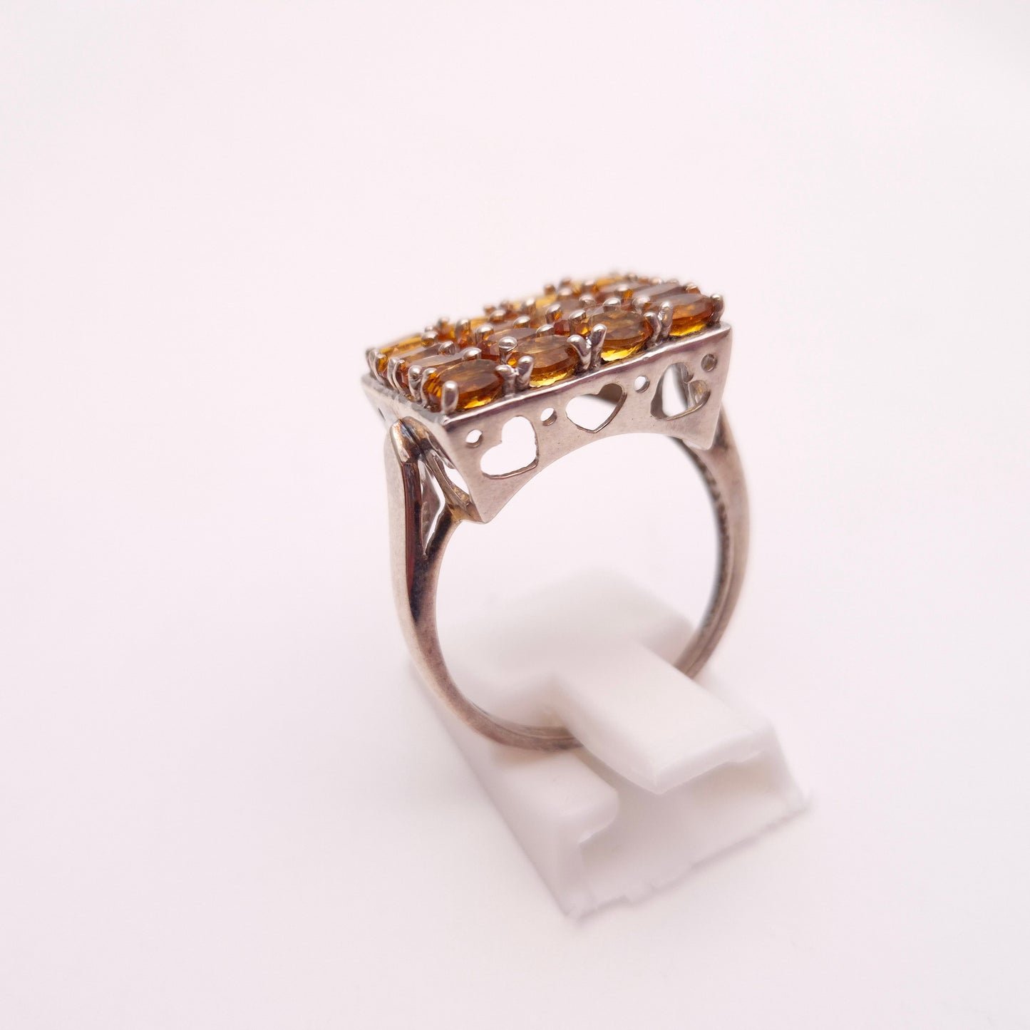 Sterling Silver Large Multi-Gem Rectangular Citrine and White Stone Cluster Ring