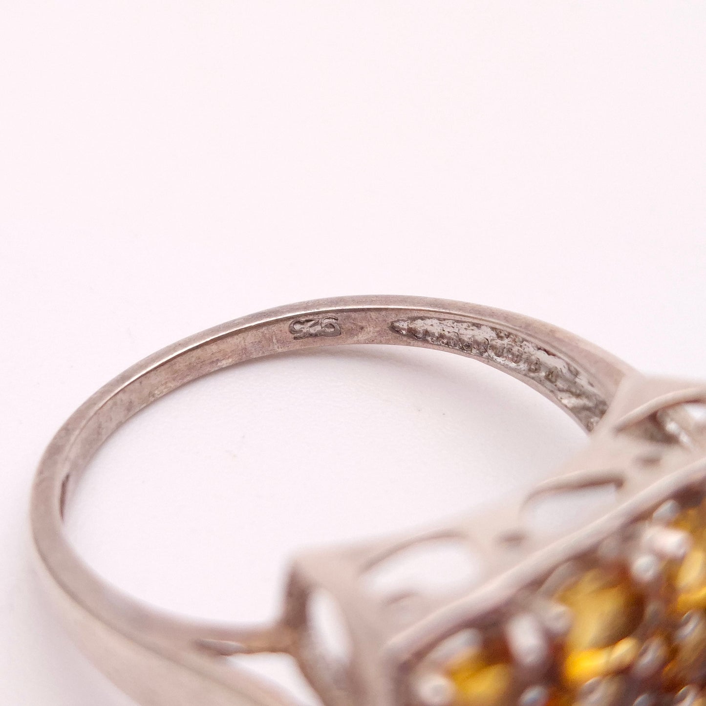 Sterling Silver Large Multi-Gem Rectangular Citrine and White Stone Cluster Ring