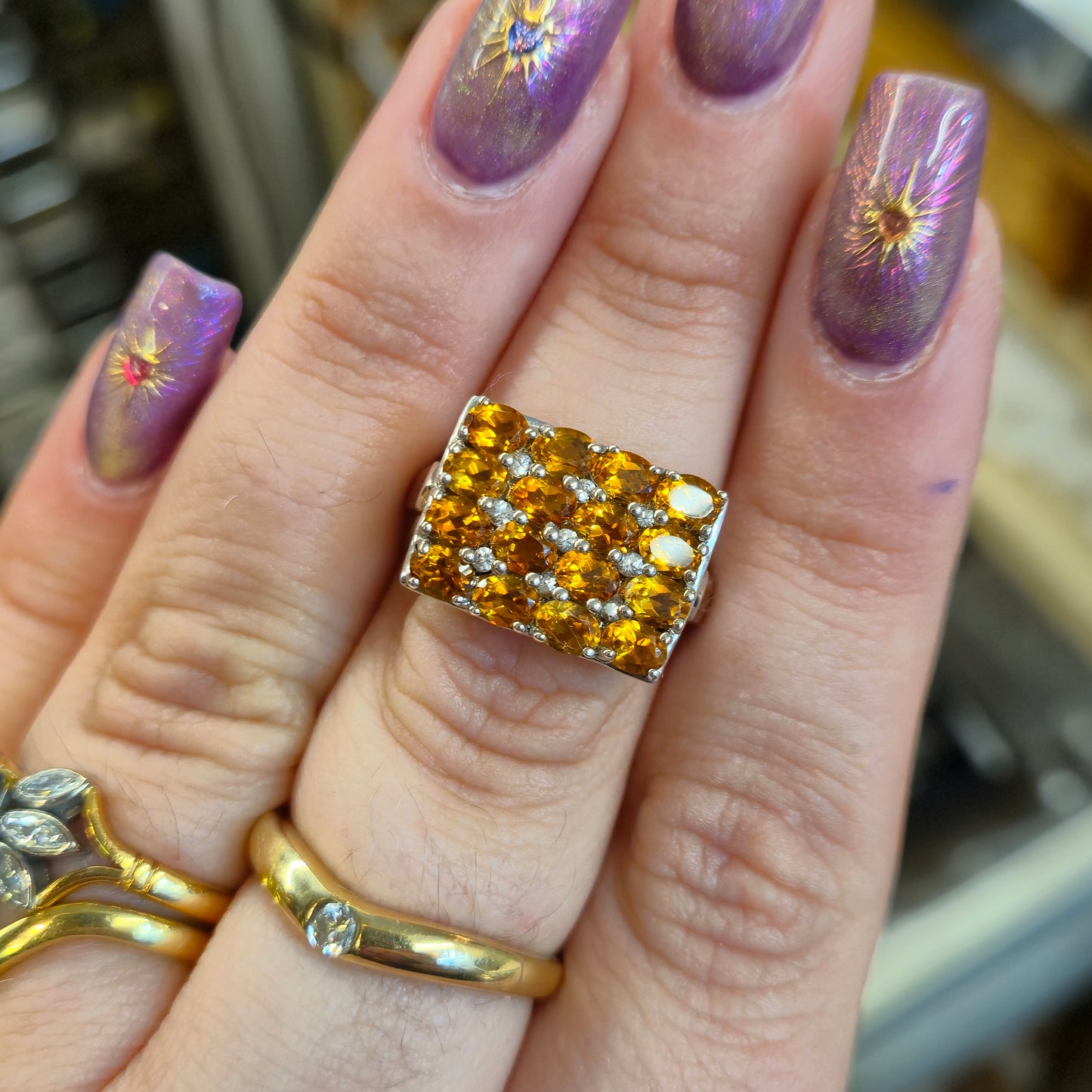 Sterling Silver Large Multi-Gem Rectangular Citrine and White Stone Cluster Ring