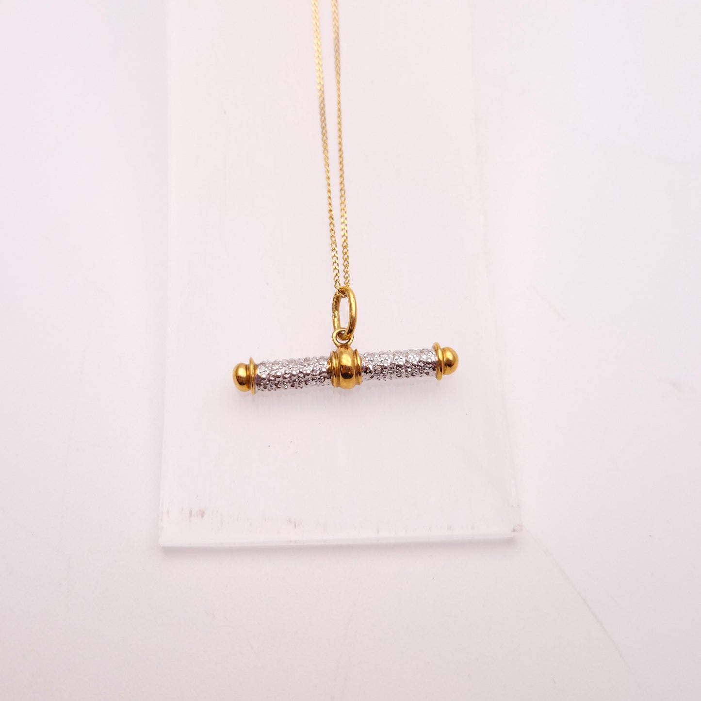 9ct Two-Tone White and Yellow Gold Diamond Set T-Bar Pendant and Chain Necklace