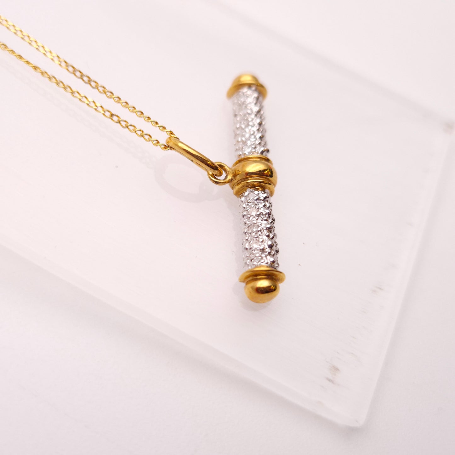 9ct Two-Tone White and Yellow Gold Diamond Set T-Bar Pendant and Chain Necklace