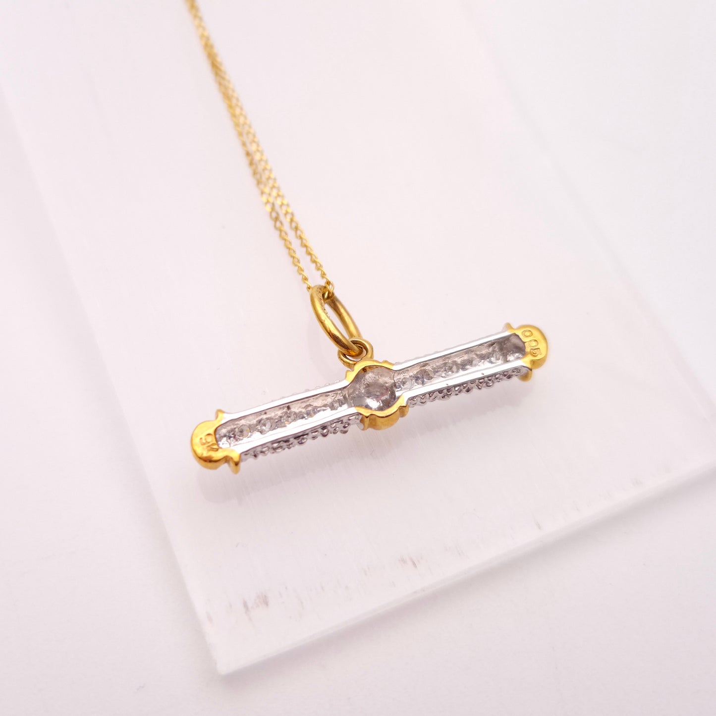 9ct Two-Tone White and Yellow Gold Diamond Set T-Bar Pendant and Chain Necklace