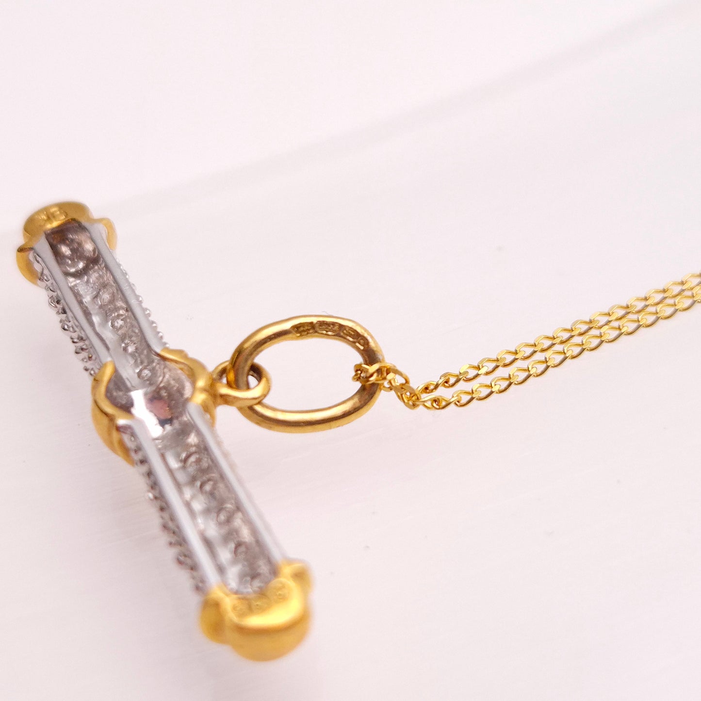9ct Two-Tone White and Yellow Gold Diamond Set T-Bar Pendant and Chain Necklace