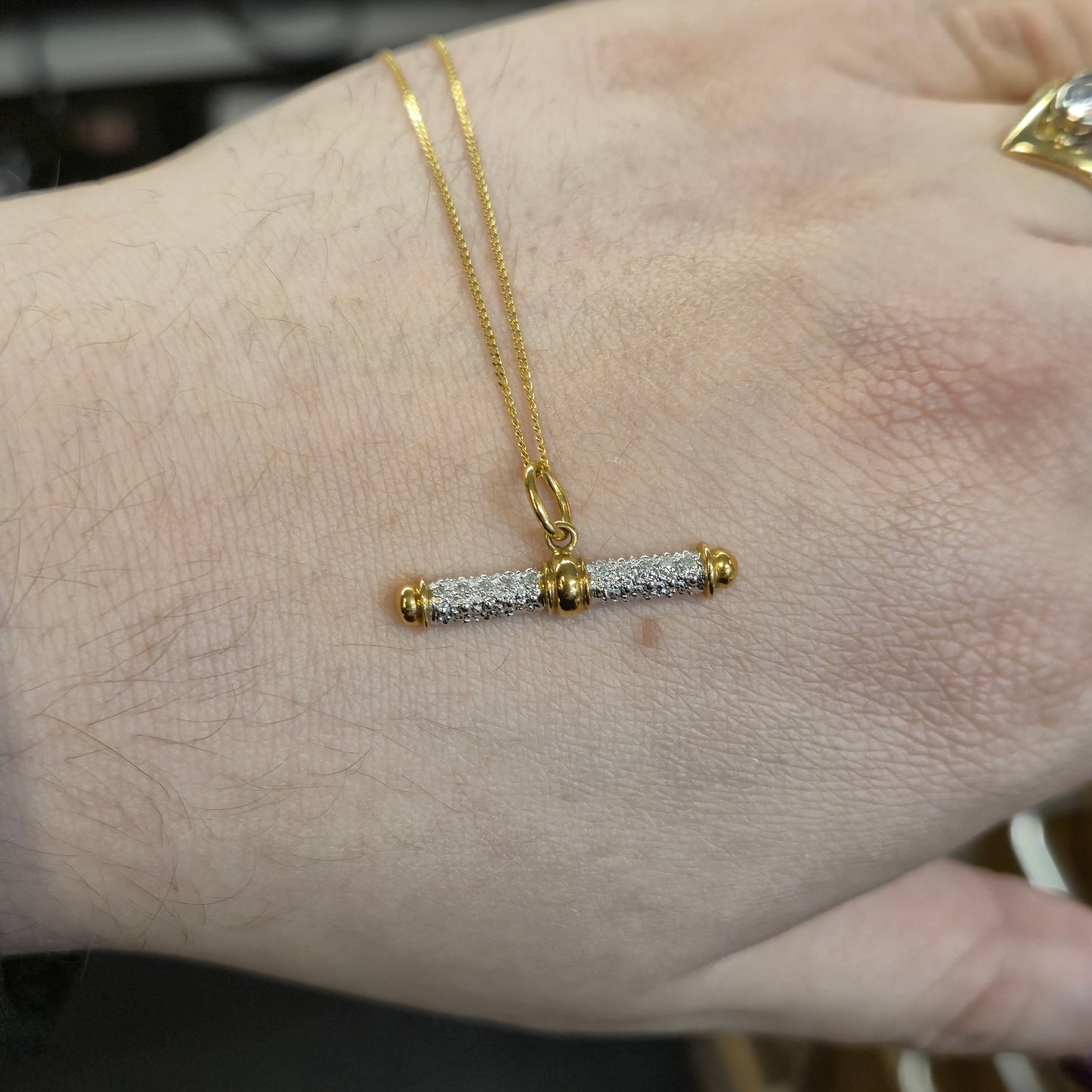 9ct Two-Tone White and Yellow Gold Diamond Set T-Bar Pendant and Chain Necklace