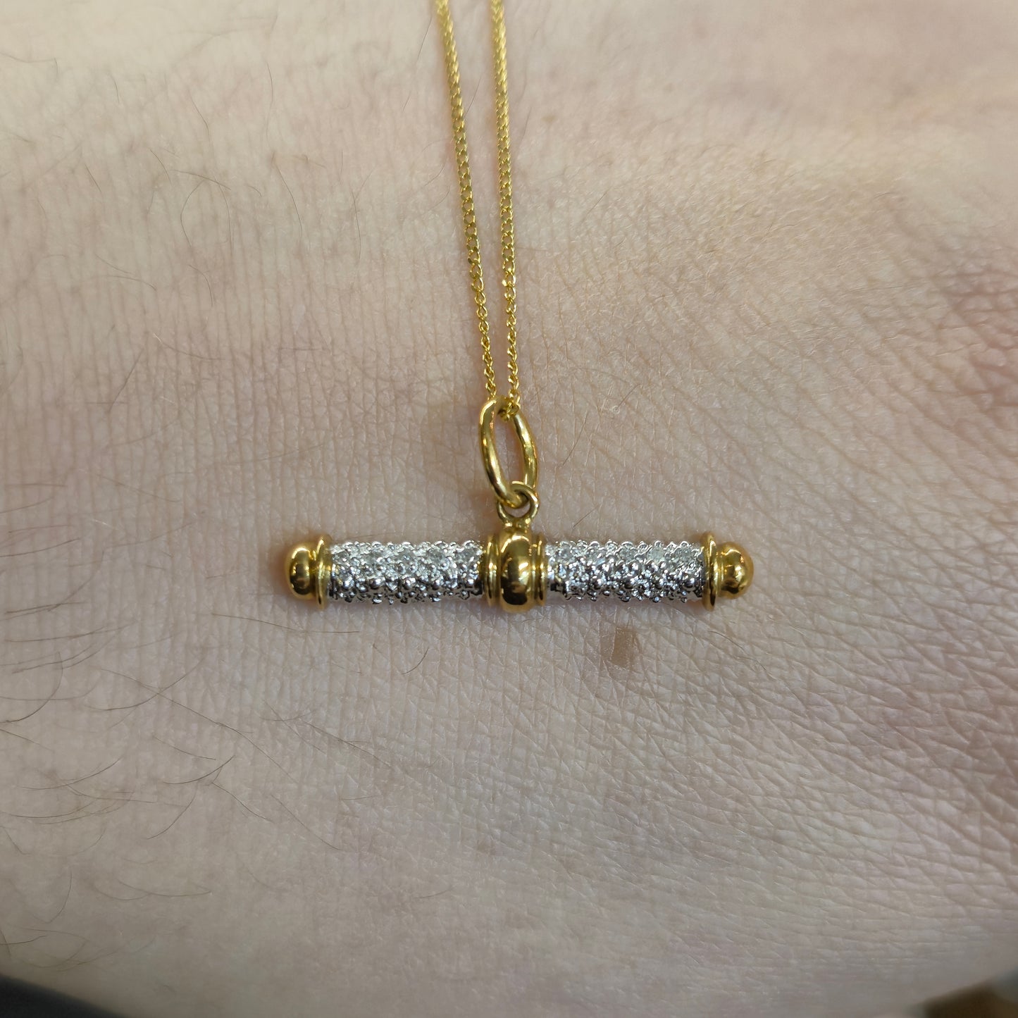 9ct Two-Tone White and Yellow Gold Diamond Set T-Bar Pendant and Chain Necklace