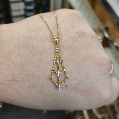 9ct Yellow and White Gold Diamond Shape Openwork Pendant and Chain Necklace