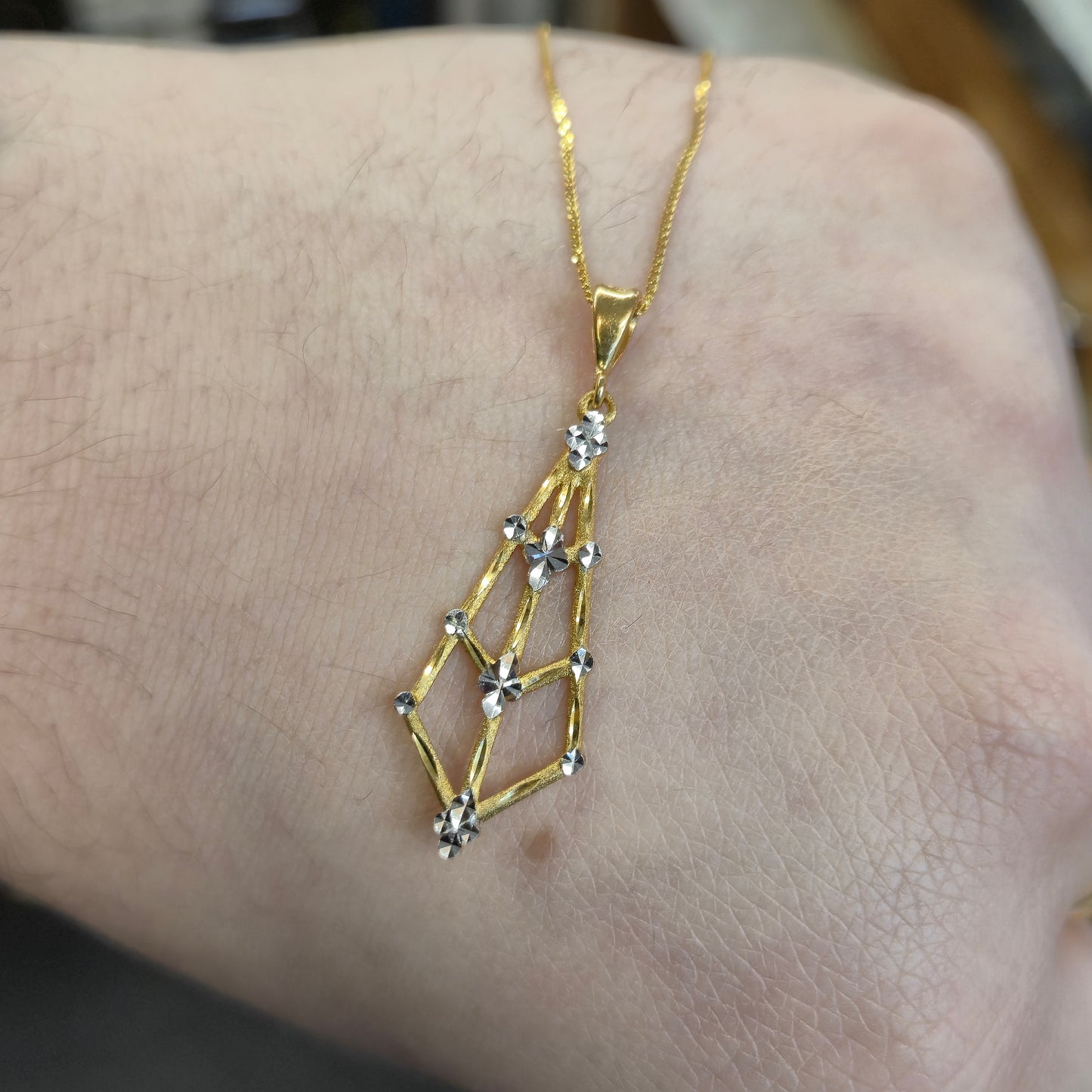 9ct Yellow and White Gold Diamond Shape Openwork Pendant and Chain Necklace