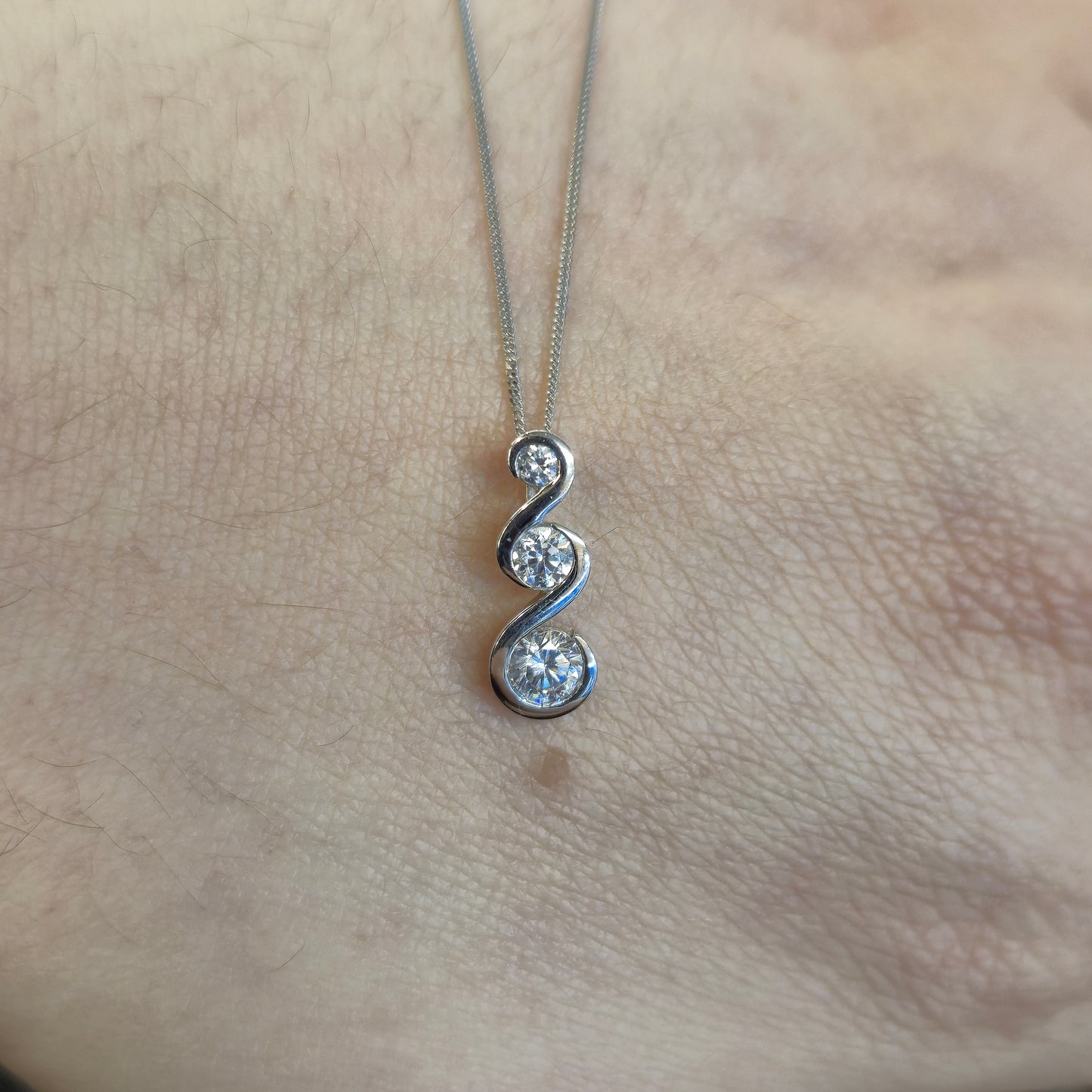 9ct White Gold Graduated Three Stone Cubic Zirconia Pendant and Chain Necklace