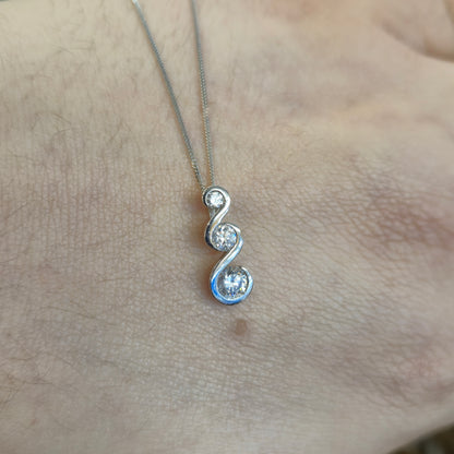 9ct White Gold Graduated Three Stone Cubic Zirconia Pendant and Chain Necklace