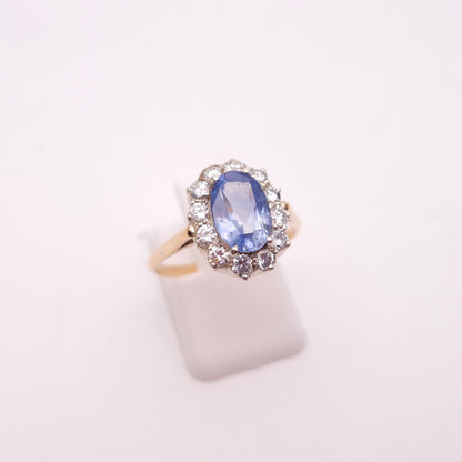 14ct Yellow Gold Pale Blue 2.0ct Oval Sapphire and0.4TCW Diamond Cluster Ring