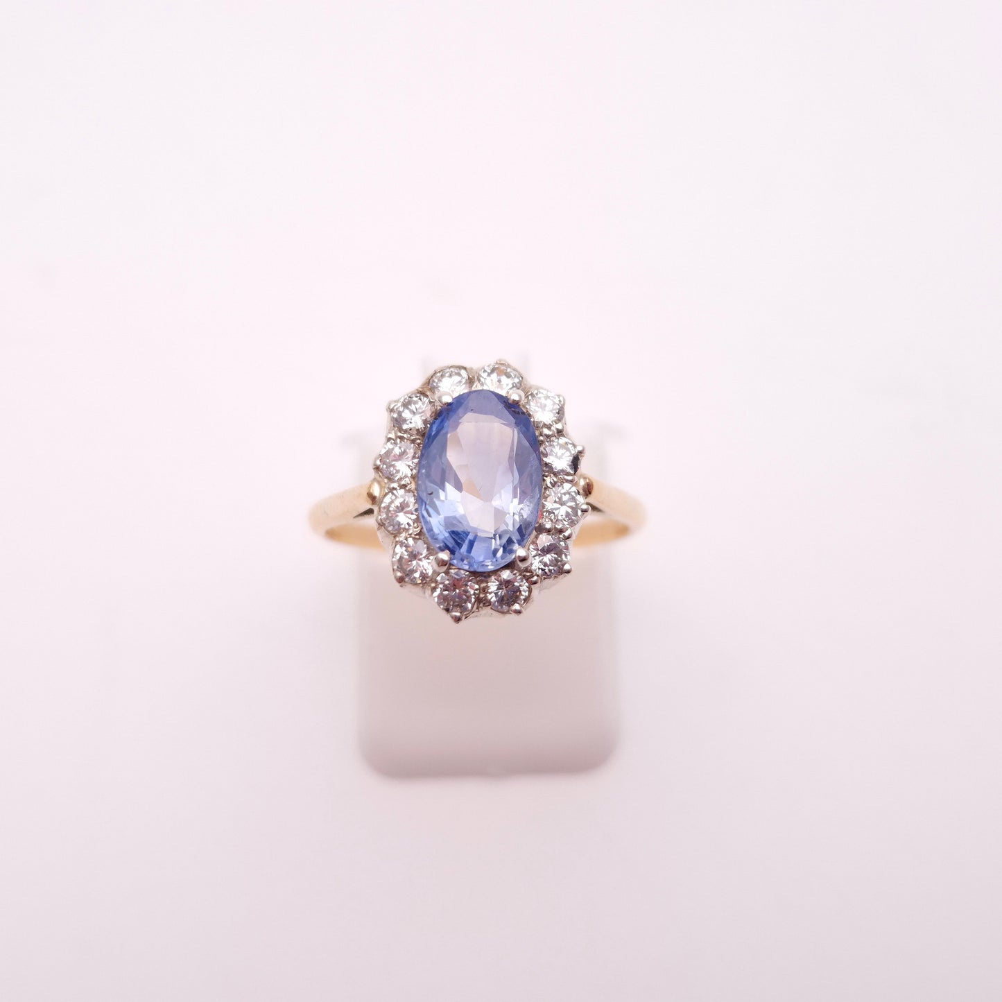14ct Yellow Gold Pale Blue 2.0ct Oval Sapphire and0.4TCW Diamond Cluster Ring