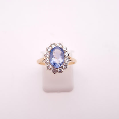 14ct Yellow Gold Pale Blue 2.0ct Oval Sapphire and0.4TCW Diamond Cluster Ring