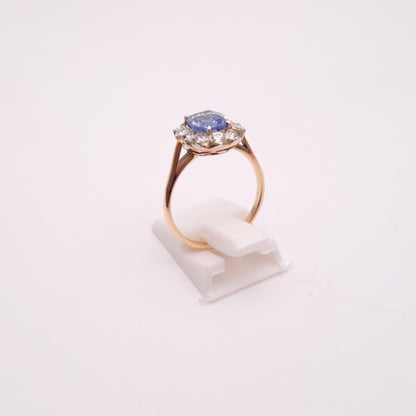 14ct Yellow Gold Pale Blue 2.0ct Oval Sapphire and0.4TCW Diamond Cluster Ring