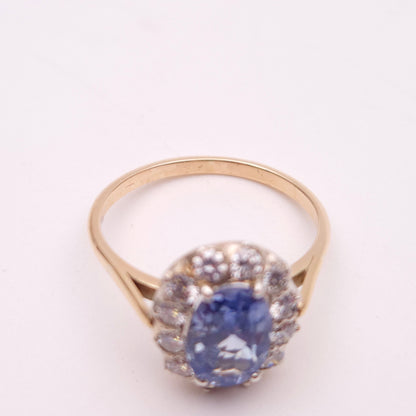 14ct Yellow Gold Pale Blue 2.0ct Oval Sapphire and0.4TCW Diamond Cluster Ring