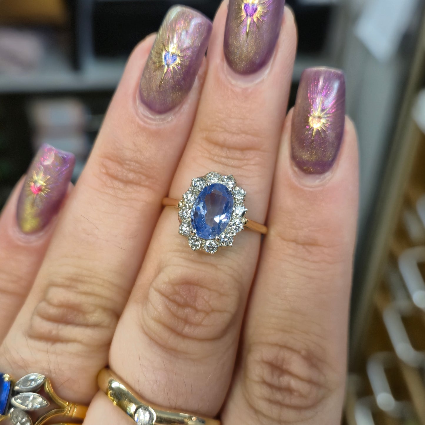 14ct Yellow Gold Pale Blue 2.0ct Oval Sapphire and0.4TCW Diamond Cluster Ring