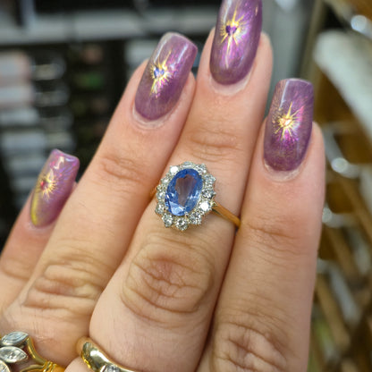 14ct Yellow Gold Pale Blue 2.0ct Oval Sapphire and0.4TCW Diamond Cluster Ring