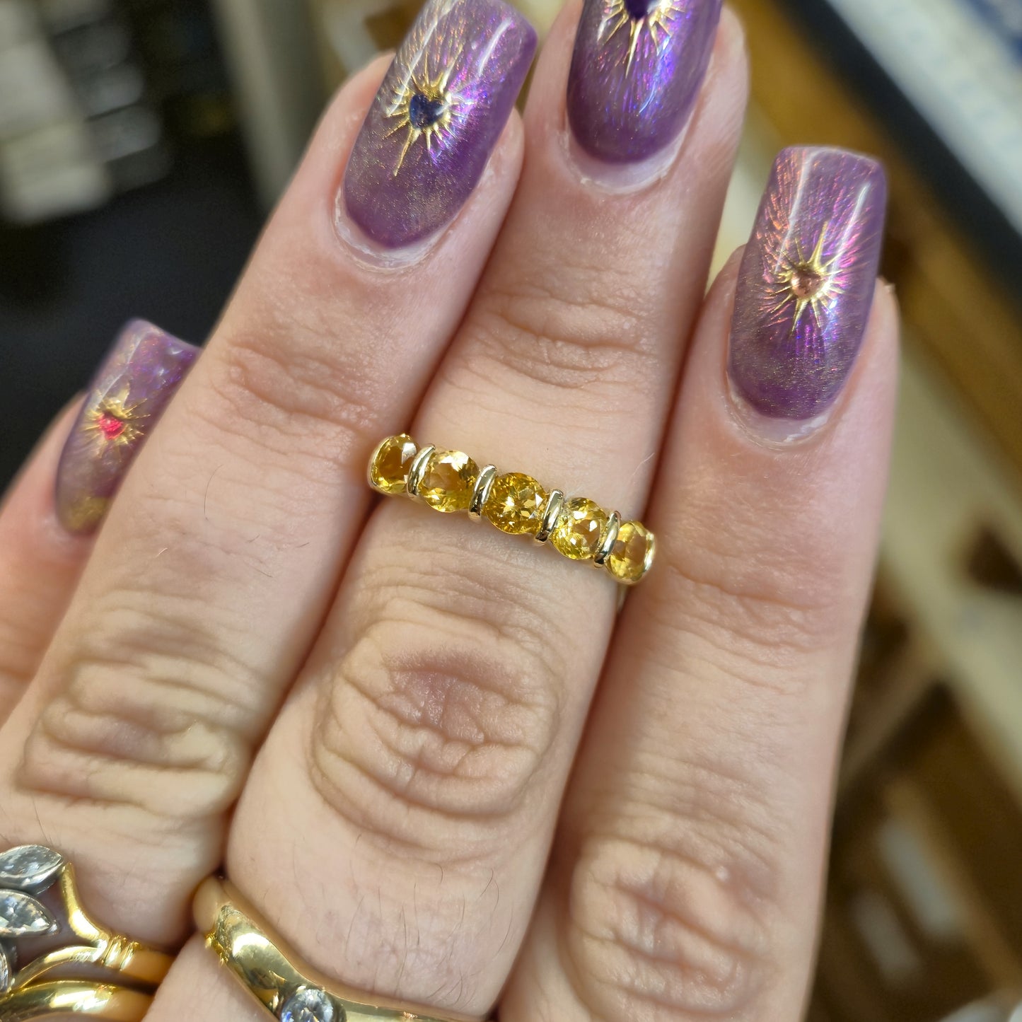 9ct Yellow Gold Round Cut 5 Stone Citrine Row Ring