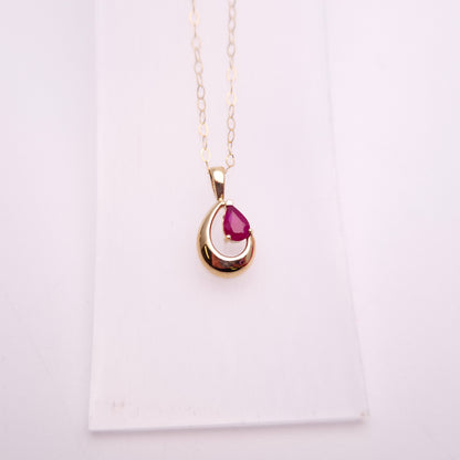 9ct Yellow Gold Teardrop Pear Shaped Ruby Openwork Necklace