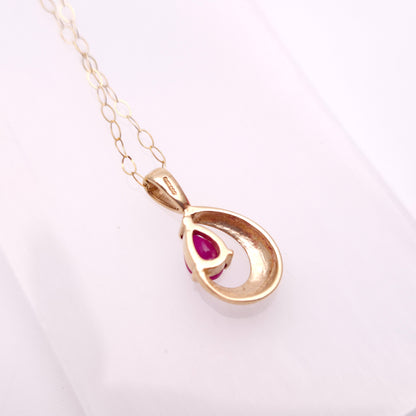9ct Yellow Gold Teardrop Pear Shaped Ruby Openwork Necklace