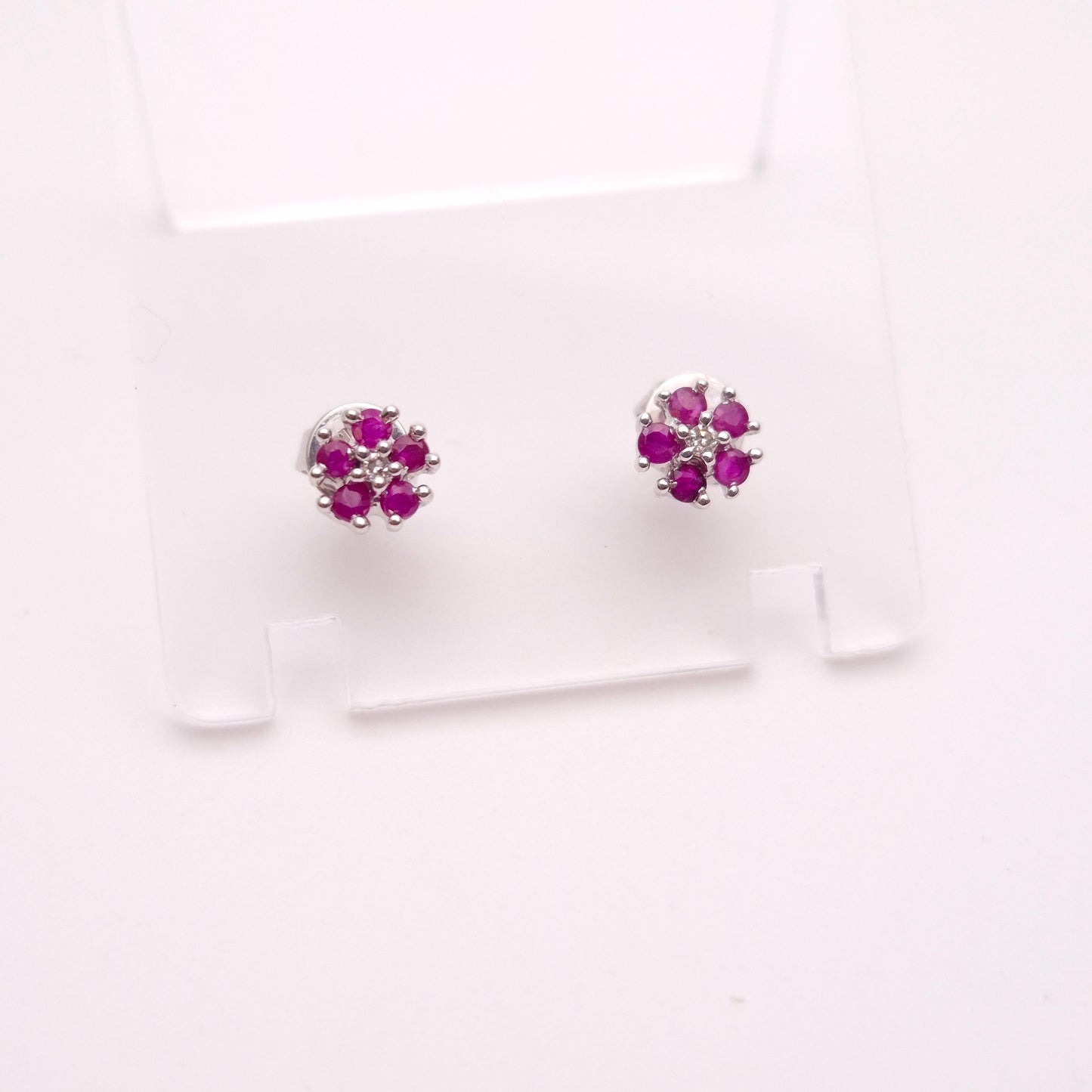 9ct White Gold Ruby and Diamond Flower Cluster Stud Earrings