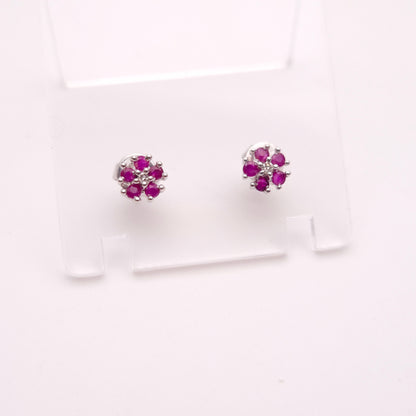 9ct White Gold Ruby and Diamond Flower Cluster Stud Earrings