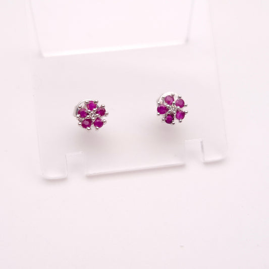 9ct White Gold Ruby and Diamond Flower Cluster Stud Earrings