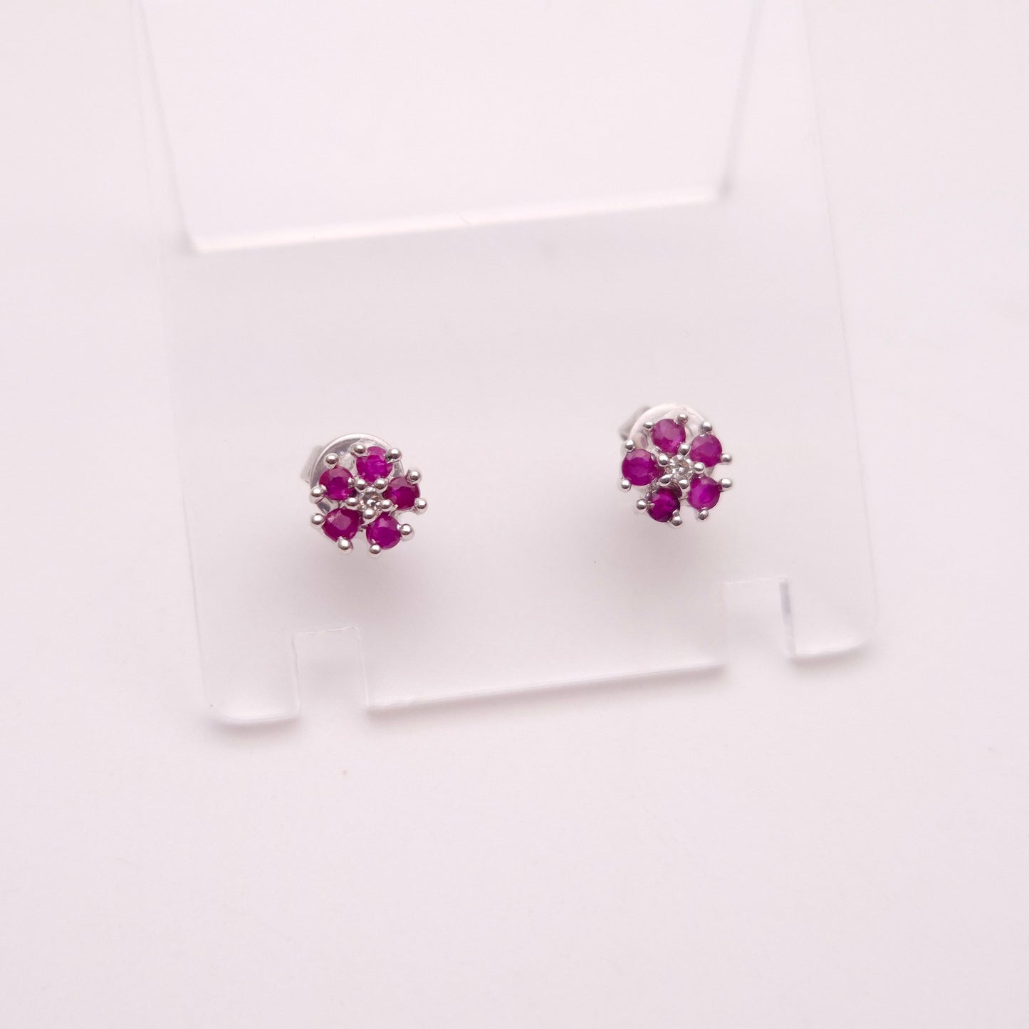 9ct White Gold Ruby and Diamond Flower Cluster Stud Earrings