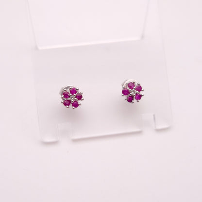 9ct White Gold Ruby and Diamond Flower Cluster Stud Earrings