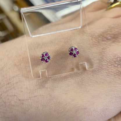 9ct White Gold Ruby and Diamond Flower Cluster Stud Earrings