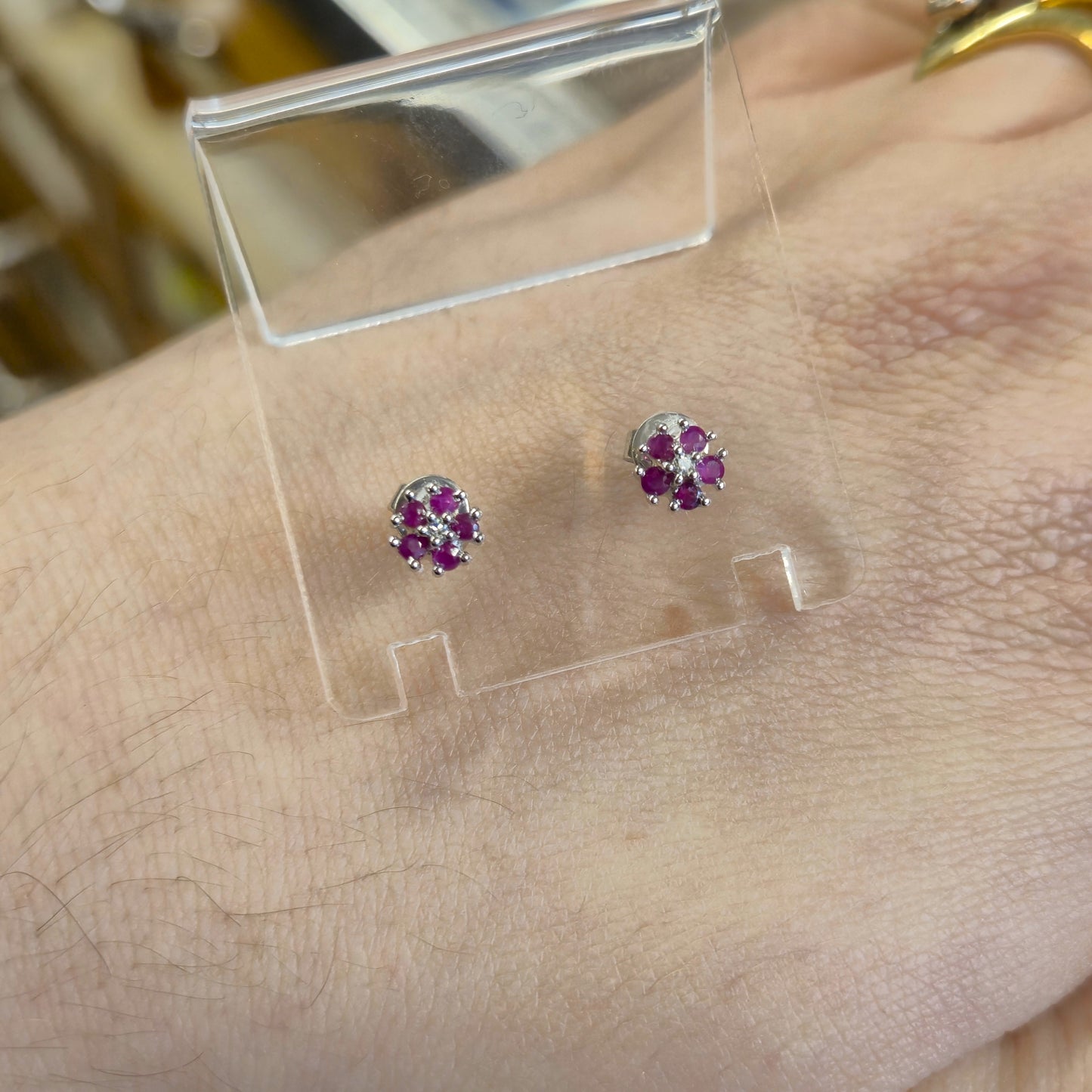 9ct White Gold Ruby and Diamond Flower Cluster Stud Earrings