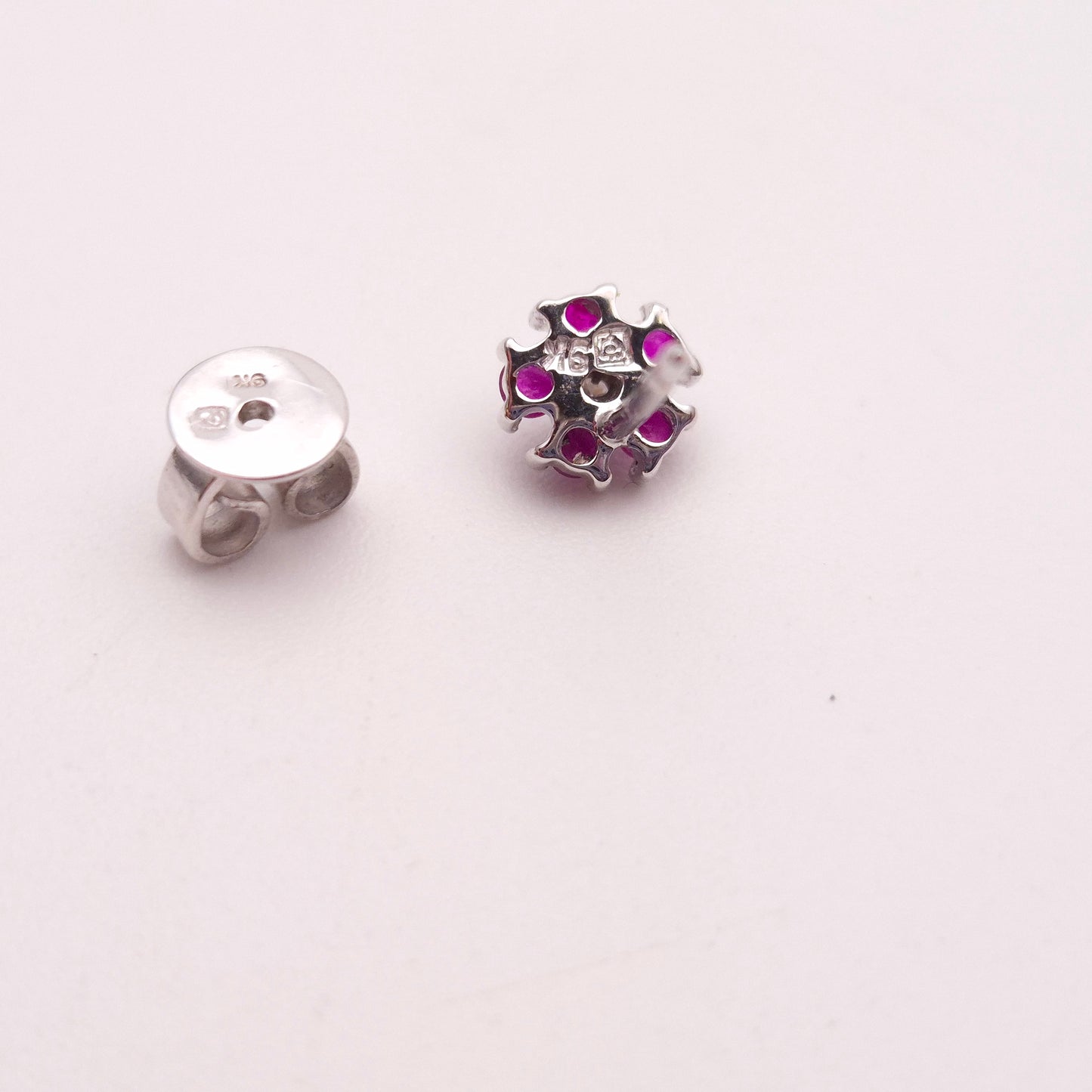 9ct White Gold Ruby and Diamond Flower Cluster Stud Earrings