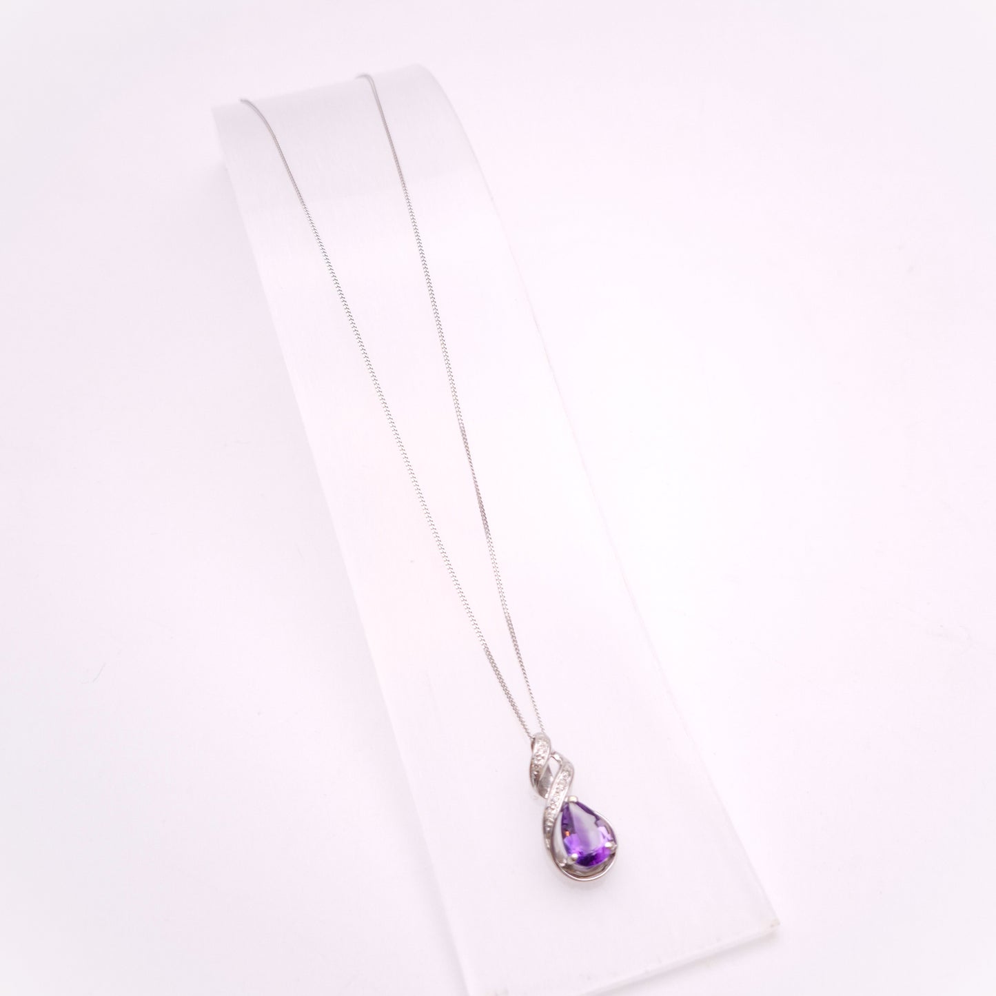 9ct White Gold Amethyst and Diamond Teardrop Pear Shaped Pendant Necklace