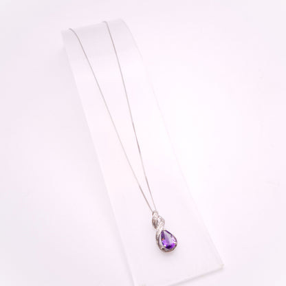 9ct White Gold Amethyst and Diamond Teardrop Pear Shaped Pendant Necklace