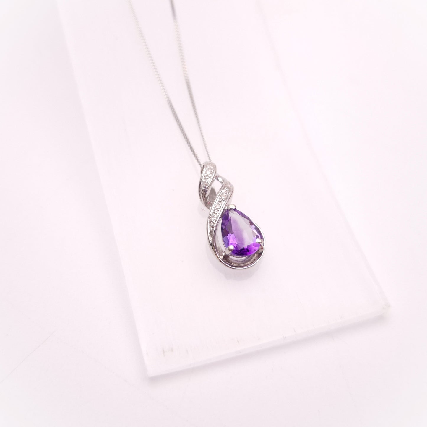 9ct White Gold Amethyst and Diamond Teardrop Pear Shaped Pendant Necklace