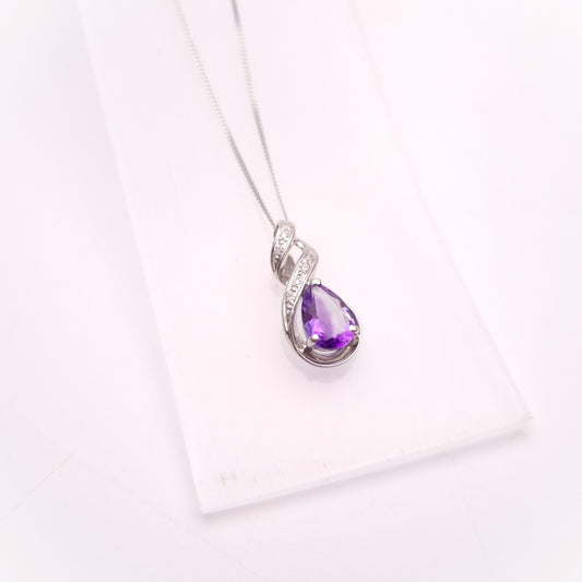 9ct White Gold Amethyst and Diamond Teardrop Pear Shaped Pendant Necklace
