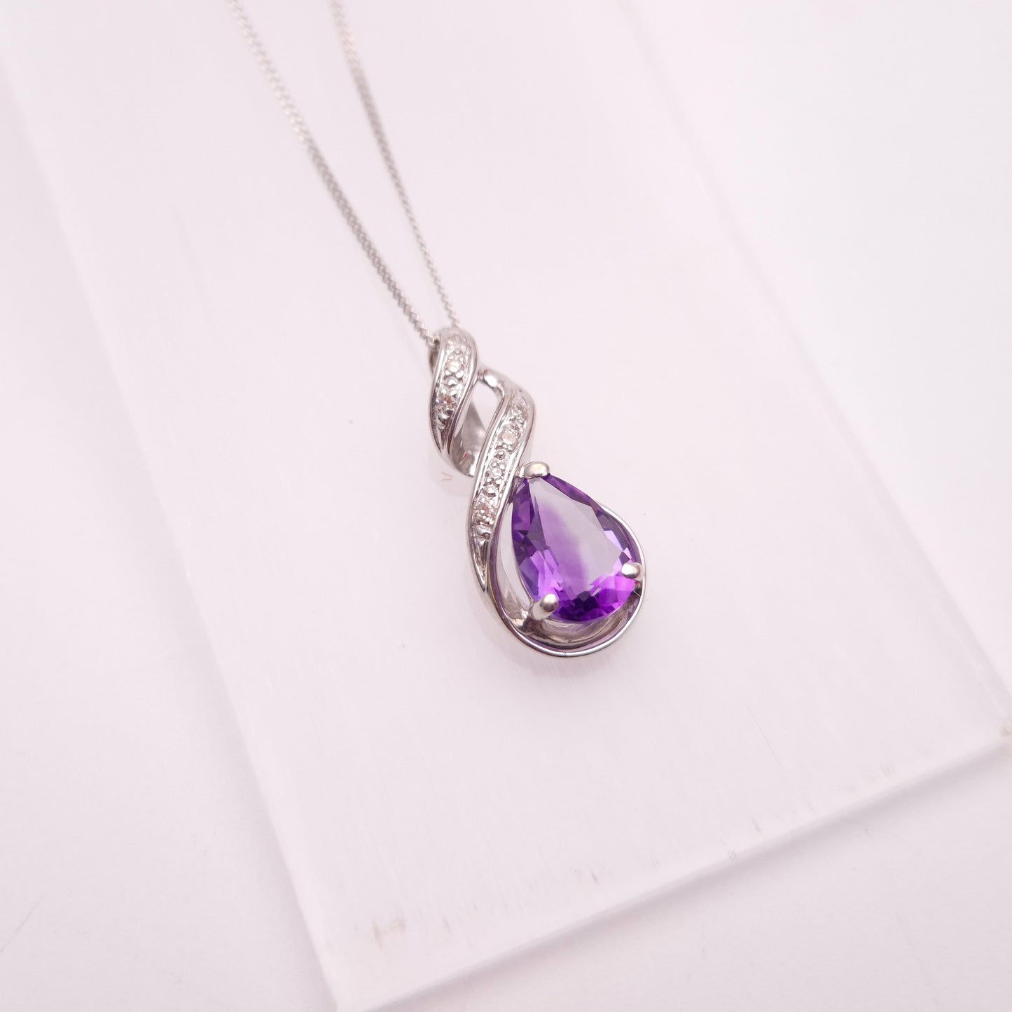 9ct White Gold Amethyst and Diamond Teardrop Pear Shaped Pendant Necklace