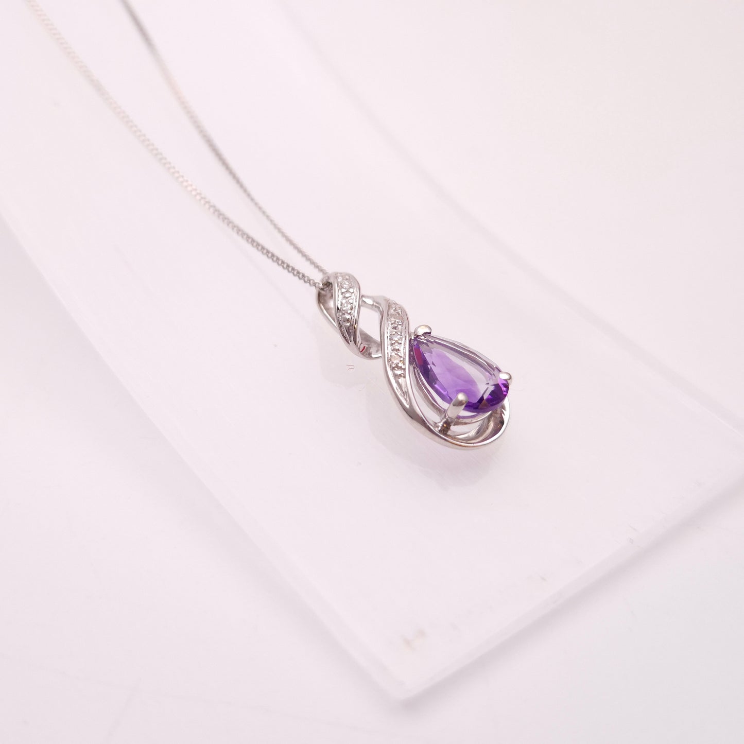9ct White Gold Amethyst and Diamond Teardrop Pear Shaped Pendant Necklace