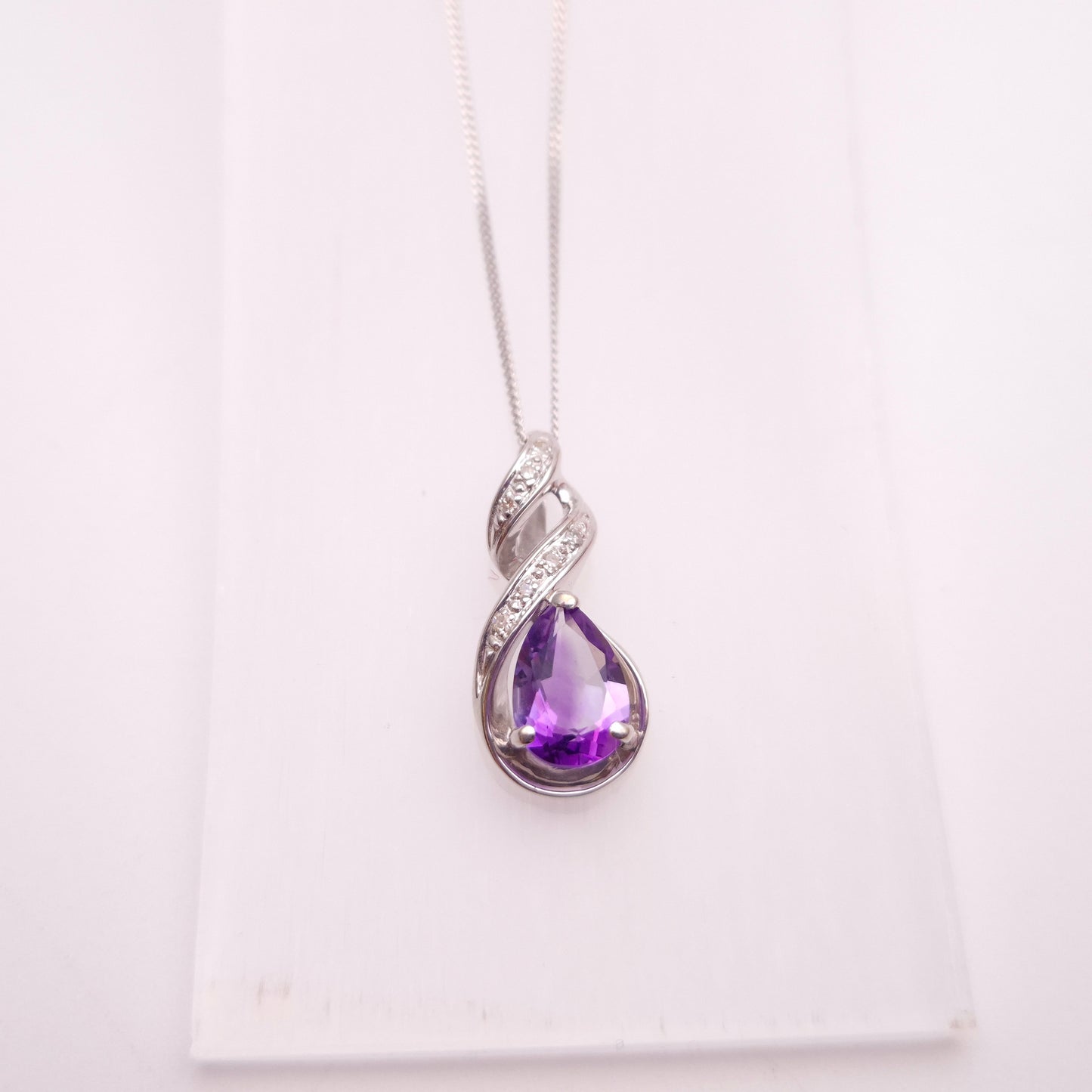 9ct White Gold Amethyst and Diamond Teardrop Pear Shaped Pendant Necklace