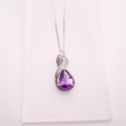9ct White Gold Amethyst and Diamond Teardrop Pear Shaped Pendant Necklace