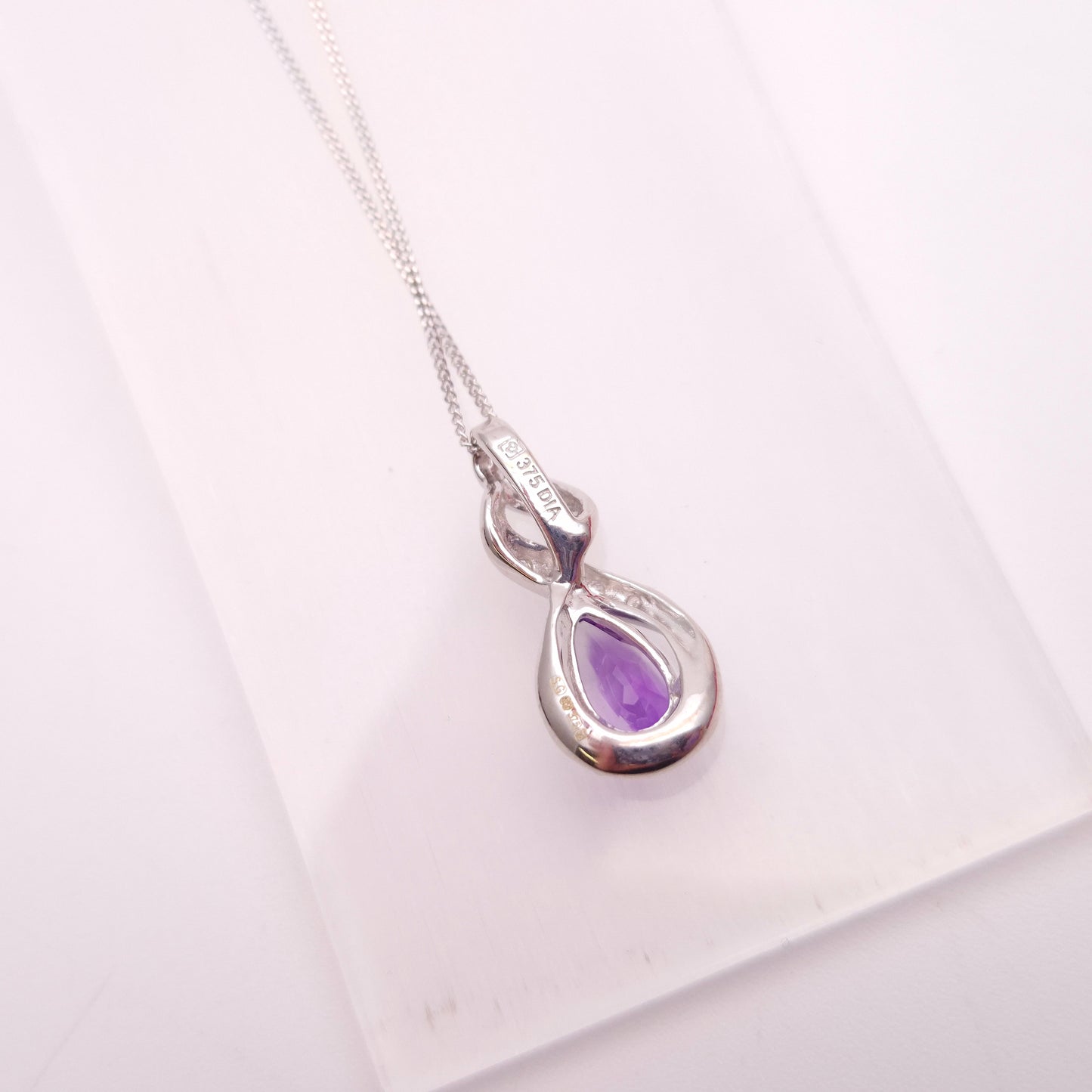 9ct White Gold Amethyst and Diamond Teardrop Pear Shaped Pendant Necklace