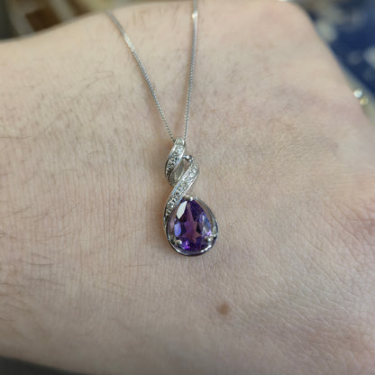 9ct White Gold Amethyst and Diamond Teardrop Pear Shaped Pendant Necklace