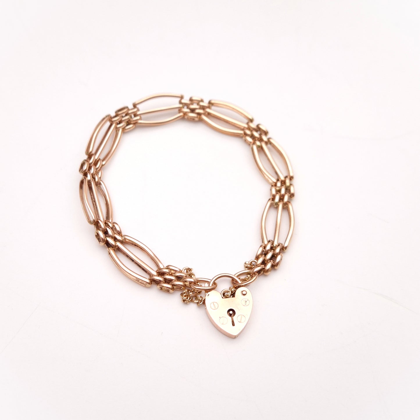9ct Rose Gold Vintage Repro Wide Gate Bracelet with Heart Padlock Clasp