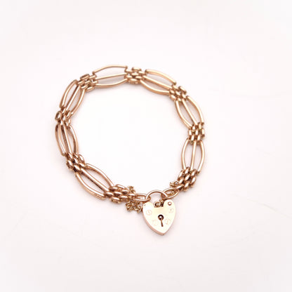 9ct Rose Gold Vintage Repro Wide Gate Bracelet with Heart Padlock Clasp