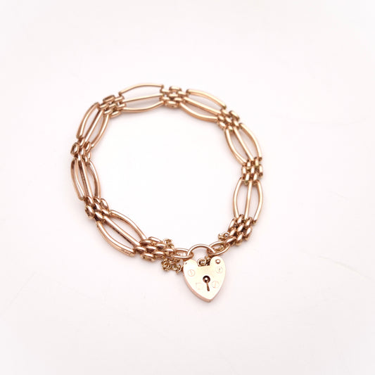 9ct Rose Gold Vintage Repro Wide Gate Bracelet with Heart Padlock Clasp