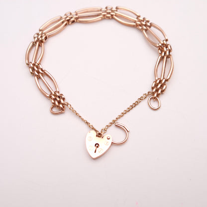 9ct Rose Gold Vintage Repro Wide Gate Bracelet with Heart Padlock Clasp