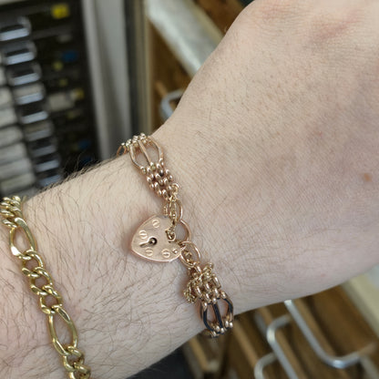 9ct Rose Gold Vintage Repro Wide Gate Bracelet with Heart Padlock Clasp