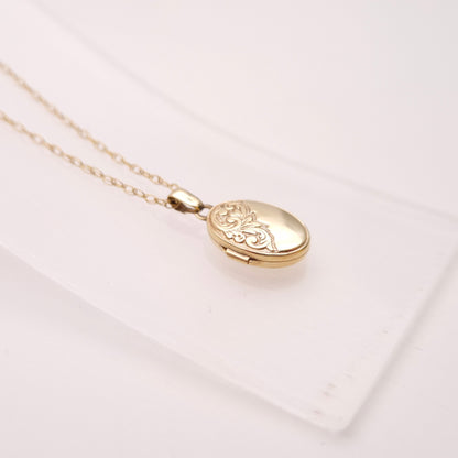 9ct Yellow Gold Small Oval Half Patterned Locket and Chain Necklace